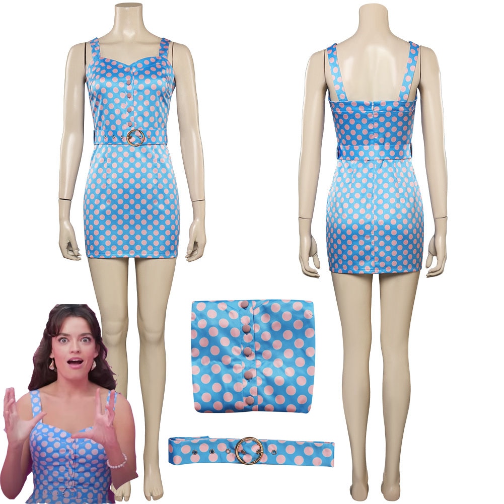 Barbie Gloria Cosplay Blue Retro Dots Dress Women Girls Costume Full Outfits Fashion Halloween Carnival Party Role Play Suits