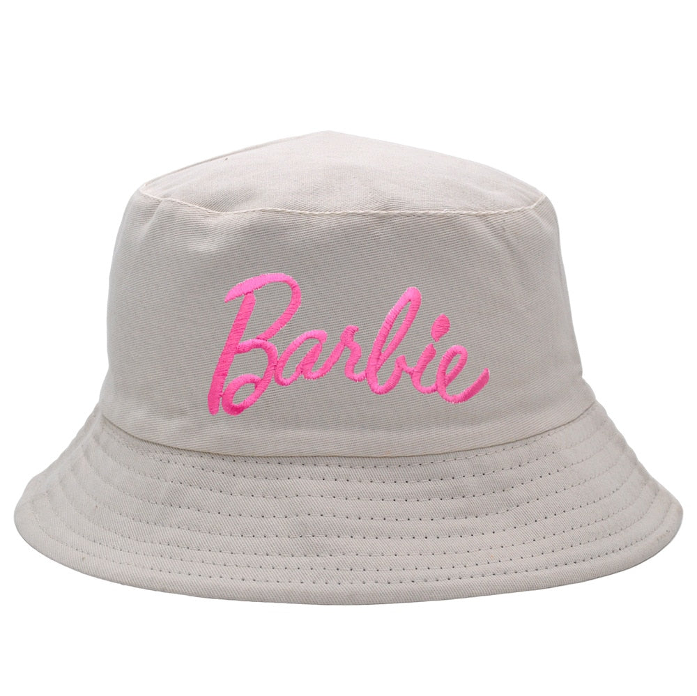 Barbie Letter Macaron Double-Sided Fisherman Hat Y2K Girls Hat Embroidery Cap Female Ladies Couple Casual Sunshade Sun Visor beige