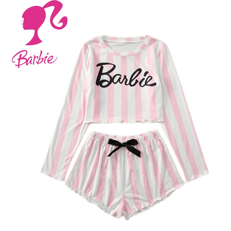 Barbie Letter Pink Home Service Kawaii Ice Silk Soft Ladies Pajamas Suit Long Sleeve Set Women Shorts Nightdress Clothes Gifts pink