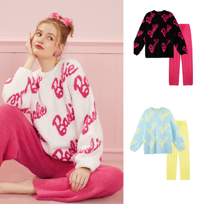 Barbie New Winter Plush Pajamas Suit Kawaii Girls Thick Coral Fleece Warm Loungewear Anime Women Home Clothes Birthday Gifts