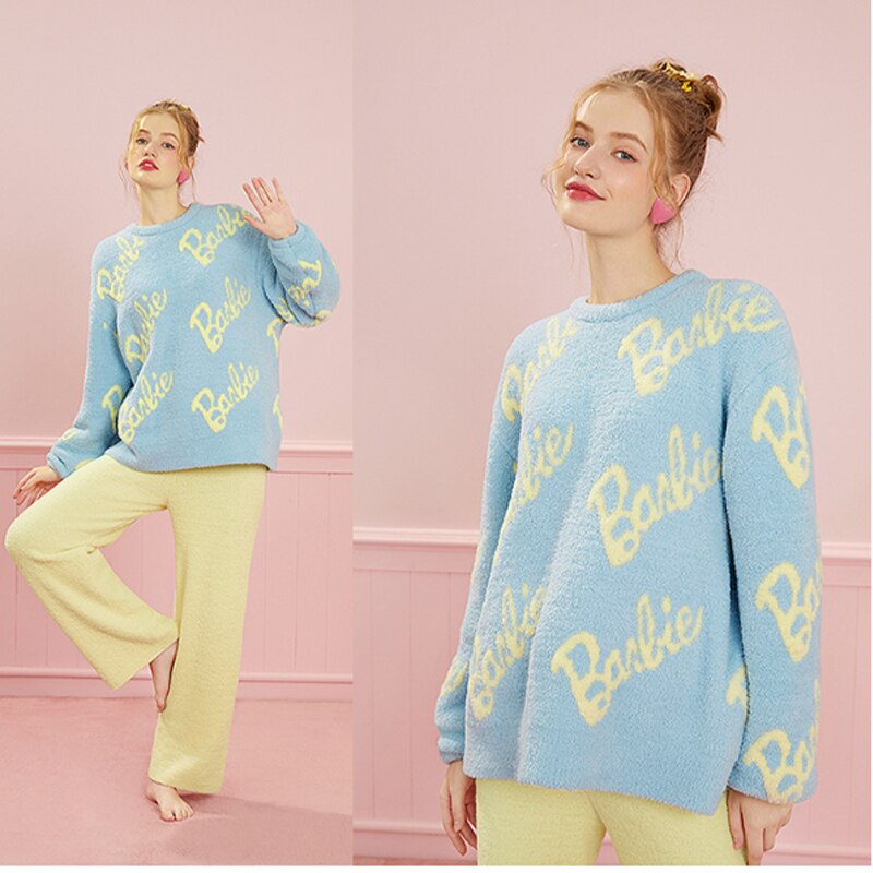 Barbie New Winter Plush Pajamas Suit Kawaii Girls Thick Coral Fleece Warm Loungewear Anime Women Home Clothes Birthday Gifts blue