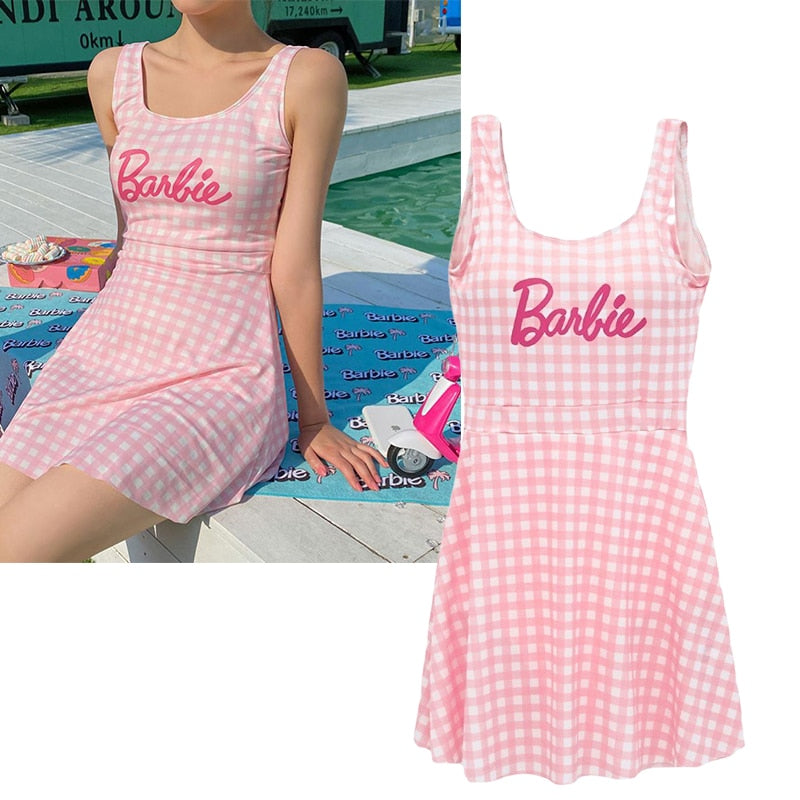 Barbie Pink One-Piece Swimsuit for Ladies Anime Kawaii Y2K Girls Hot Spring Swim Skirt Female Student Vest Sleeveless Bikini Set