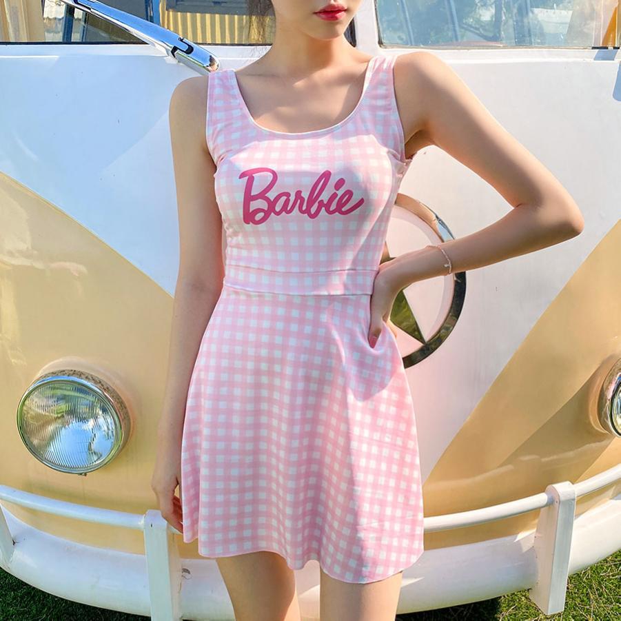 Barbie Pink One-Piece Swimsuit for Ladies Anime Kawaii Y2K Girls Hot Spring Swim Skirt Female Student Vest Sleeveless Bikini Set