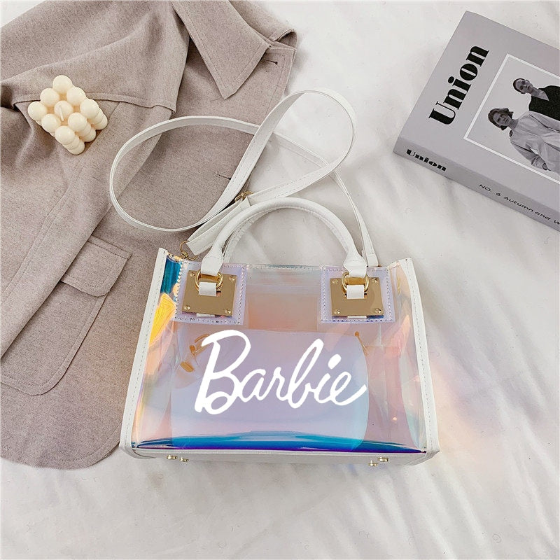 Barbie Princess Summer Transparent Handbag Anime Y2K Girls Lasers Beach Bag Shoulder Bag Ladies Tote Bags Pu Messenger Organizer 1