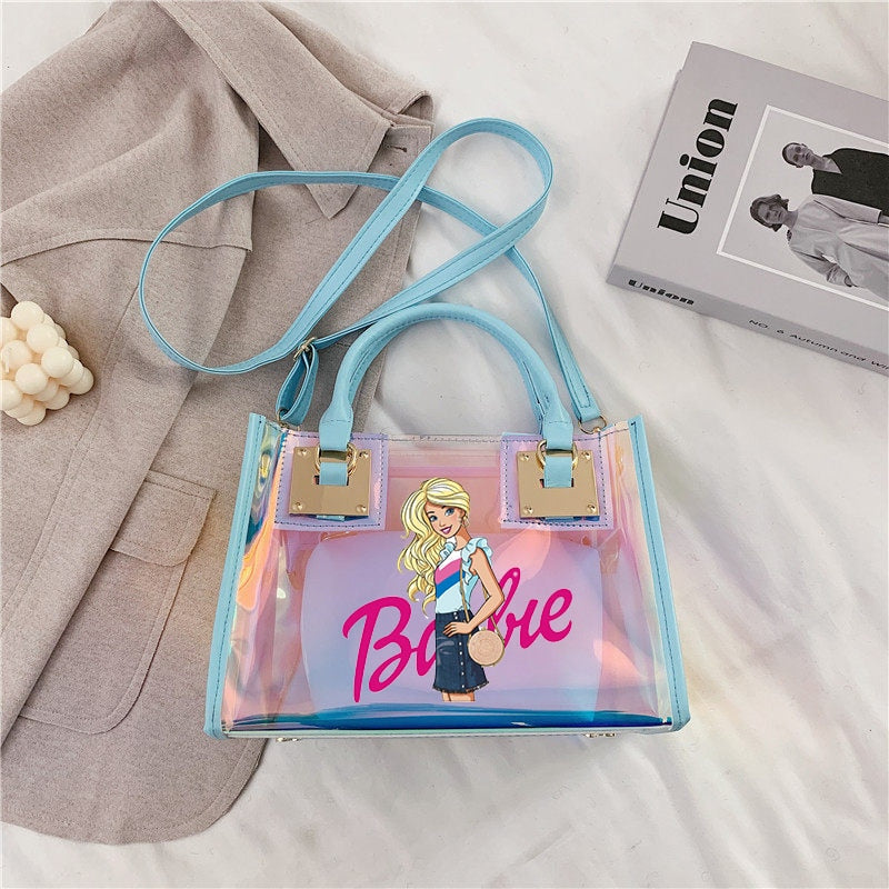 Barbie Princess Summer Transparent Handbag Anime Y2K Girls Lasers Beach Bag Shoulder Bag Ladies Tote Bags Pu Messenger Organizer 9