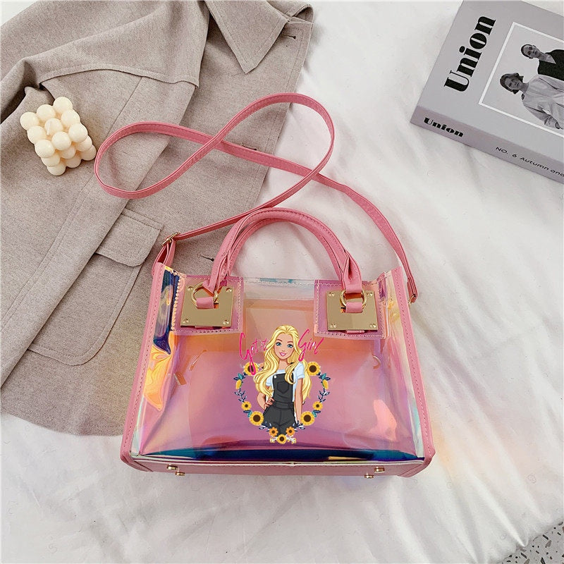 Barbie Princess Summer Transparent Handbag Anime Y2K Girls Lasers Beach Bag Shoulder Bag Ladies Tote Bags Pu Messenger Organizer 26