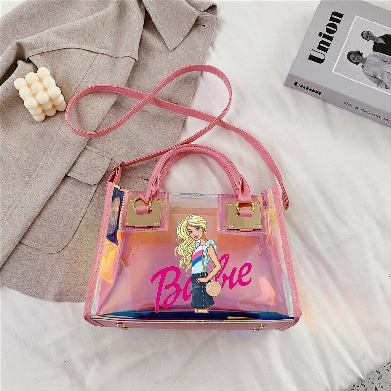 Barbie Princess Summer Transparent Handbag Anime Y2K Girls Lasers Beach Bag Shoulder Bag Ladies Tote Bags Pu Messenger Organizer 24
