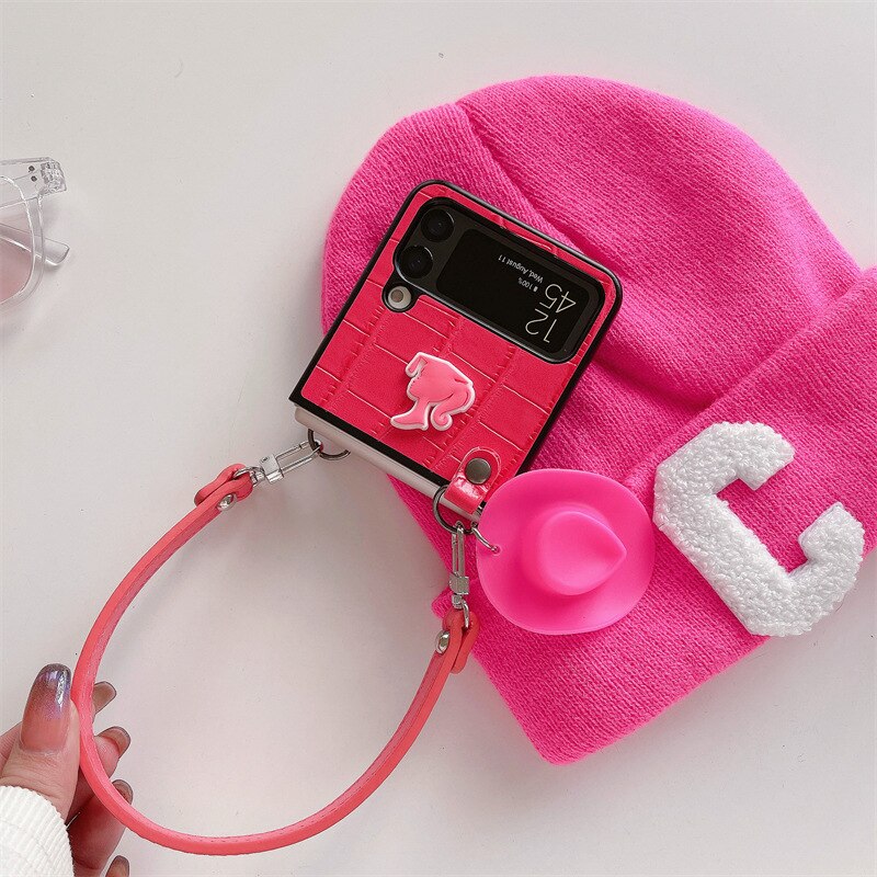 Barbie Suitable for Samsunggalaxy Z Flip34 Folding Screen Shell Fashion Women Smartphone Accessory Leather Case Keychain Gifts