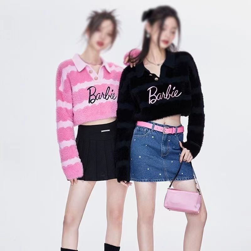 Barbie Winter Polo Collar Knitted Sweater Women Hot Girl Short Loose Thin Top Christmas Birthday Gifts for Girls