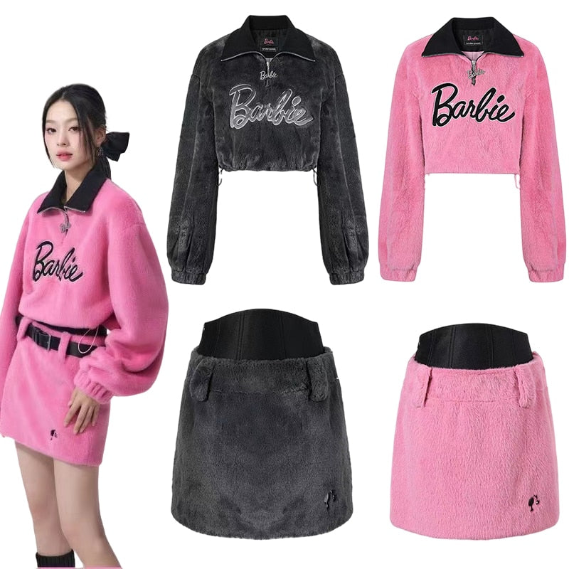 Barbie X Pink Stand Collar Pullover Sweater Y2K Black Women Sexy Plush Long Sleeve Top Skirt Autumn Winter Clothes Suit Gifts