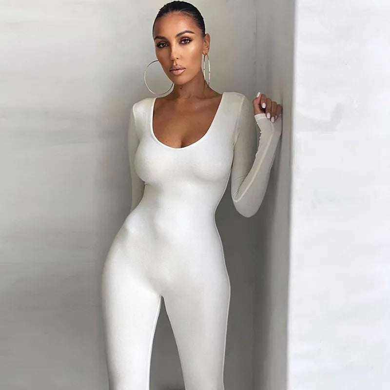 Basic Bodycon Jumpsuit For Women‘s Clothing Casual Brown Fitness Rompers Y2K Playsuit Activity Streetwear Overalls WHITE Full SLeeve