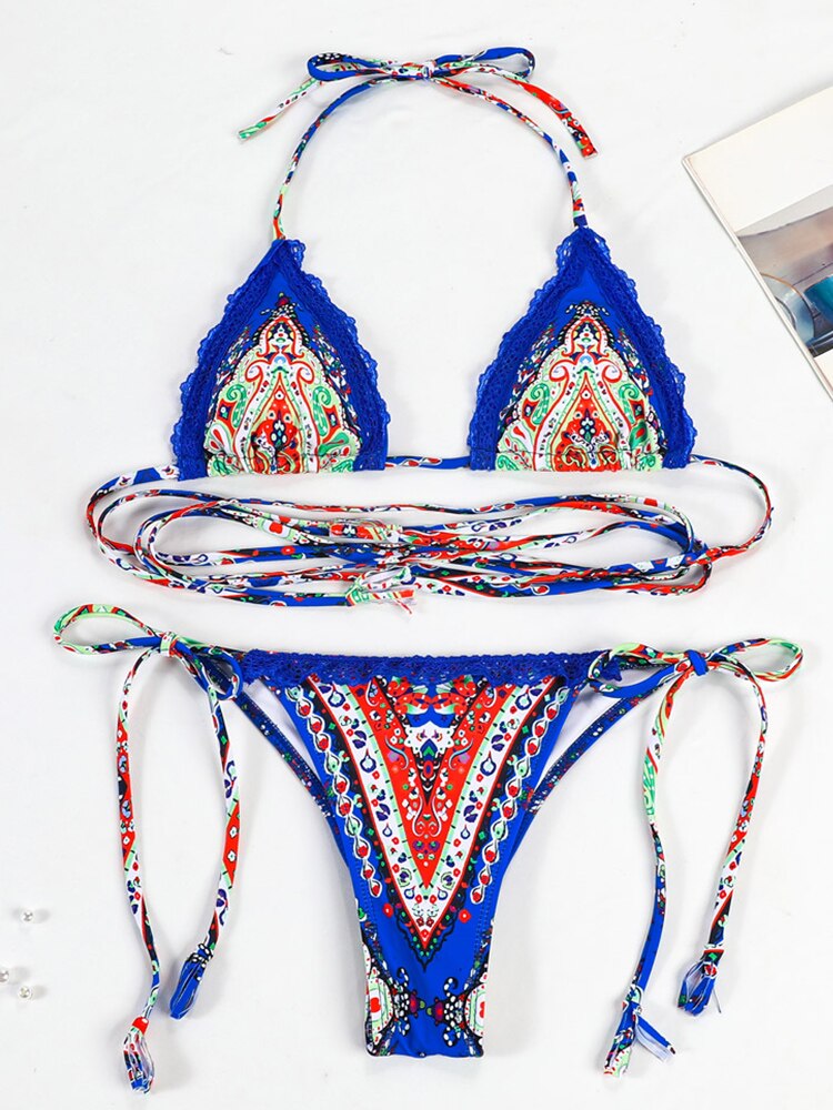 Bathing Suit Micro Folds Hight Cut Lace Halter Bikinis Set