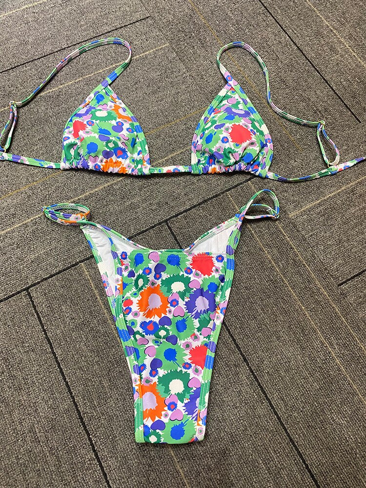 Bathing Suit Micro Folds Hight Cut Lace Halter Bikinis Set