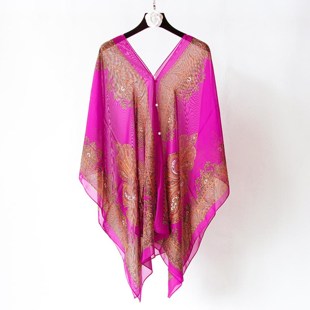 Beach Bikini Cover Up Loose Chiffon Blouse Shawl Scarf with Buttons Swimsuit Summer Short Pareo