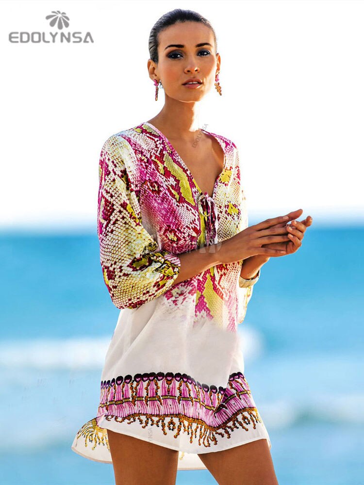 Beach Caftan Swimsuit Cover up Print Chiffon Pareo Women Robe Plage Red One Size