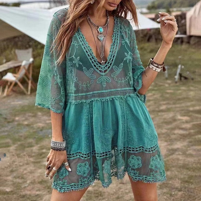 Beach Cover Up Crochet Knitted Tassel Tie Beachwear Tunic Long Pareos Summer green-3 One Size