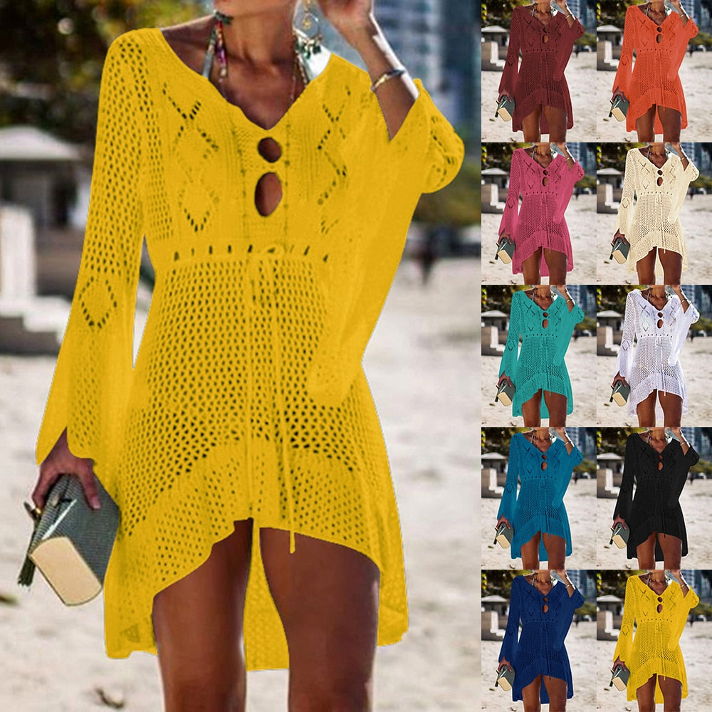 Beach Cover Up Crochet Knitted Tassel Tie Beachwear Tunic Long Pareos Summer