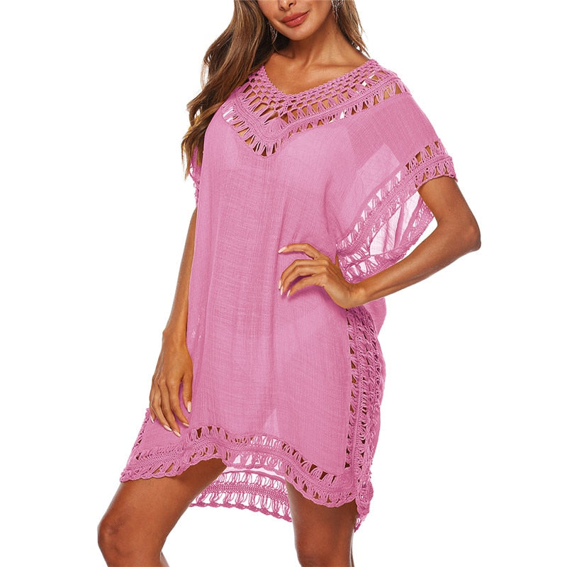 Beach Cover Up Crochet Knitted Tassel Tie Beachwear Tunic Long Pareos Summer pink-01 One Size