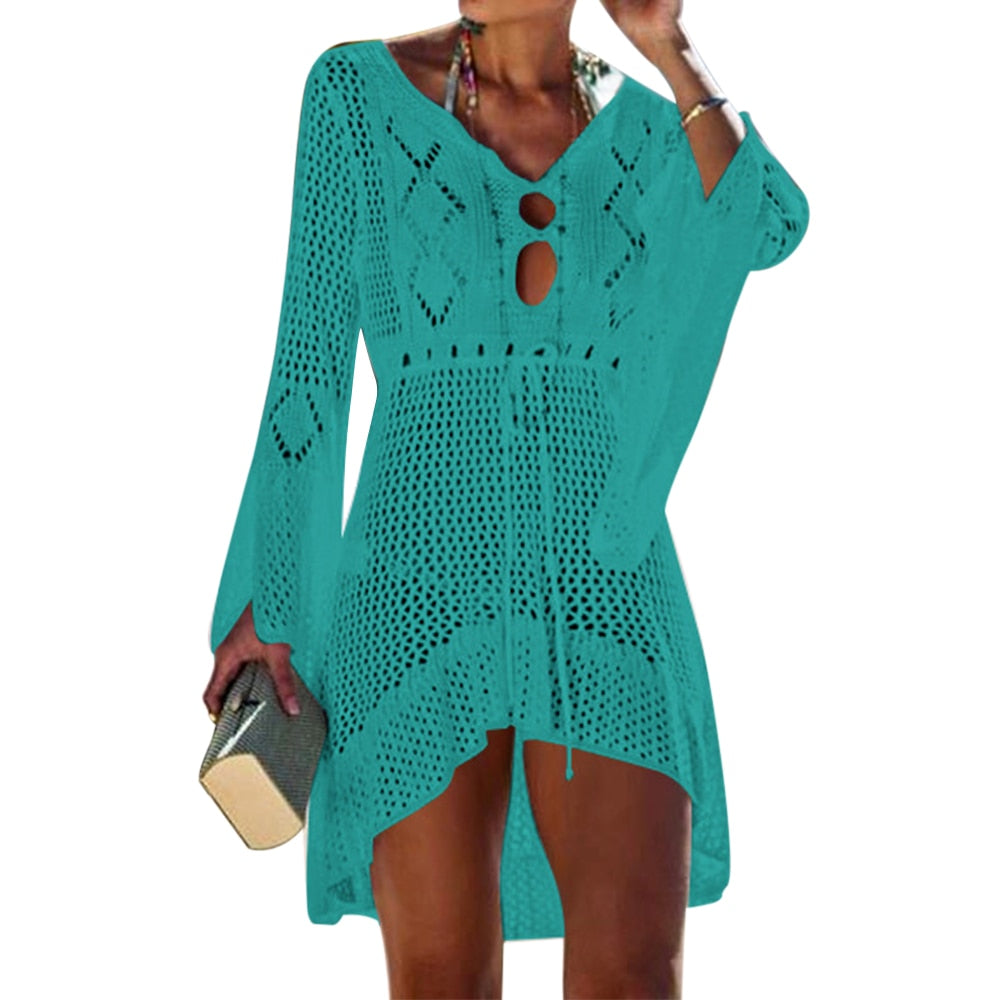 Beach Cover Up Crochet Knitted Tassel Tie Beachwear Tunic Long Pareos Summer Lake green One Size