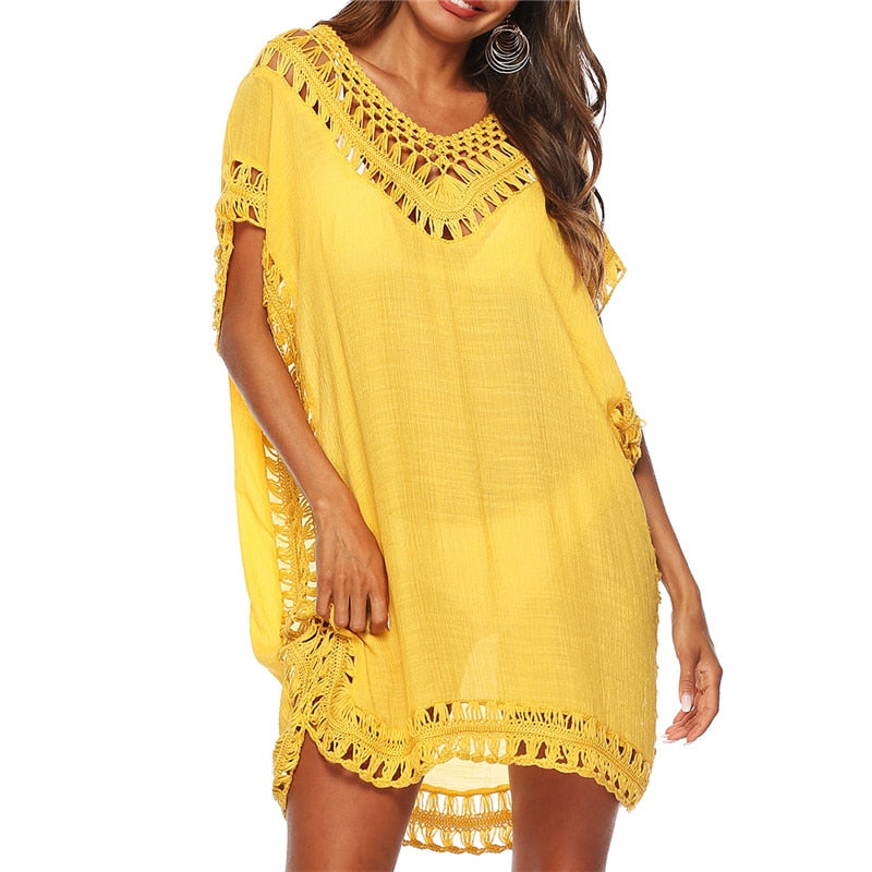 Beach Cover Up Crochet Knitted Tassel Tie Beachwear Tunic Long Pareos Summer yellow-01 One Size