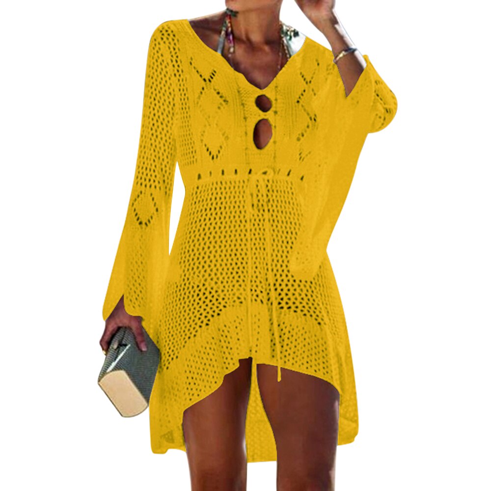 Beach Cover Up Crochet Knitted Tassel Tie Beachwear Tunic Long Pareos Summer yellow One Size