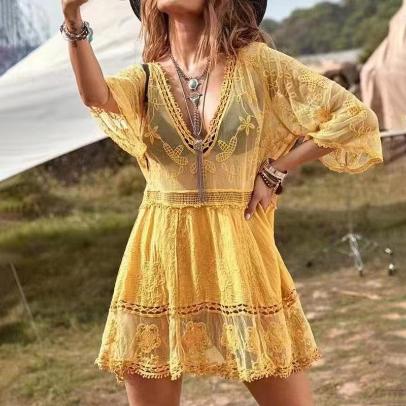 Beach Cover Up Crochet Knitted Tassel Tie Beachwear Tunic Long Pareos Summer yelow-3 One Size