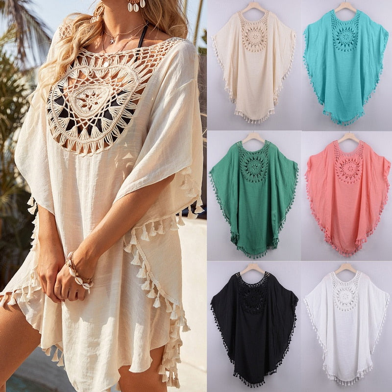 Beach Cover Up Crochet Knitted Tassel Tie Beachwear Tunic Long Pareos Summer