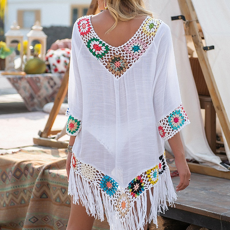 Beach Cover Up Crochet Knitted Tassel Tie Beachwear Tunic Long Pareos Summer white-02 One Size