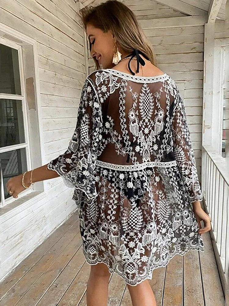 Beach Cover Up Swimwear Floral Transparent Sexy Hot Pareo Beachwear Outfits Short Dress