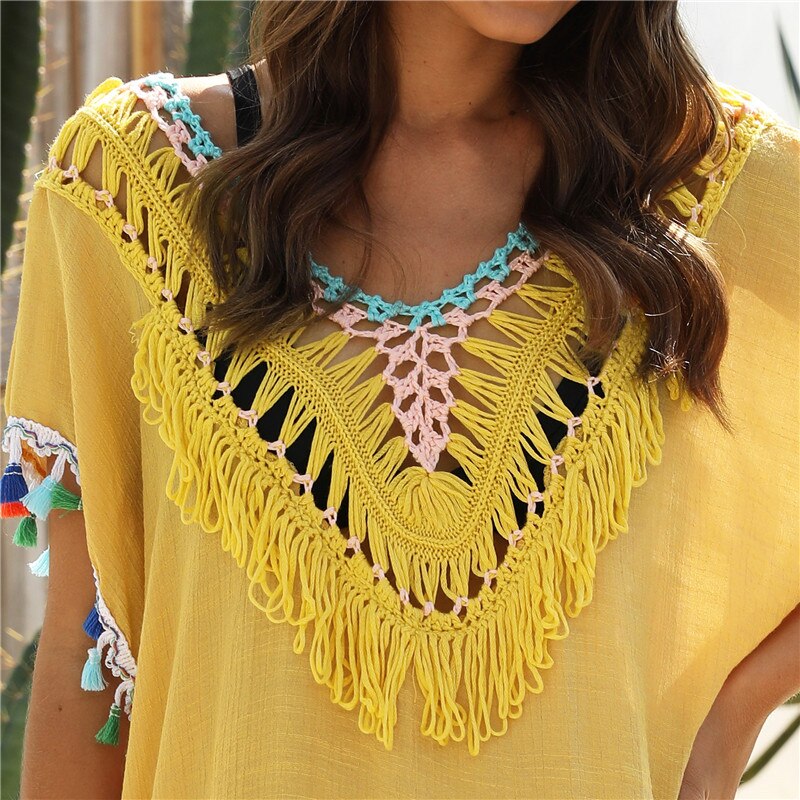 Beach Cover Up for Swimwear Tunic Fringe Ups Swim Bikini Ladies Dress Yellow