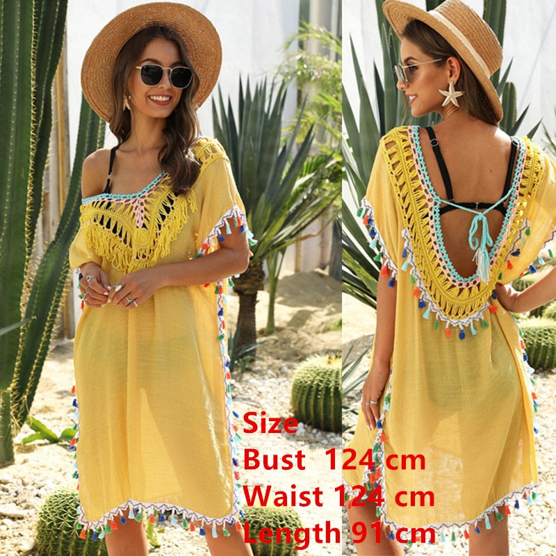 Beach Cover Up for Swimwear Tunic Fringe Ups Swim Bikini Ladies Dress Yellow yellow beachwear