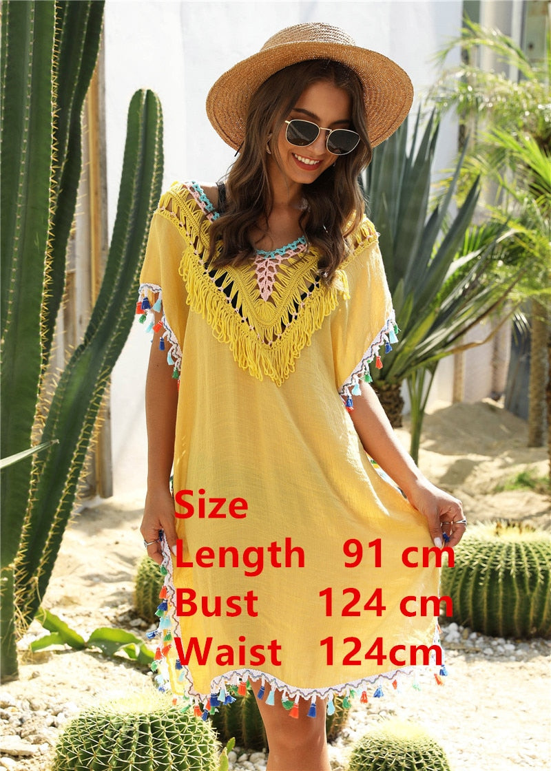 Beach Cover Up for Swimwear Tunic Fringe Ups Swim Bikini Ladies Dress Yellow