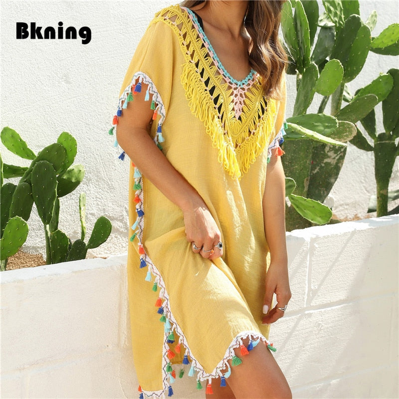 Beach Cover Up for Swimwear Tunic Fringe Ups Swim Bikini Ladies Dress Yellow