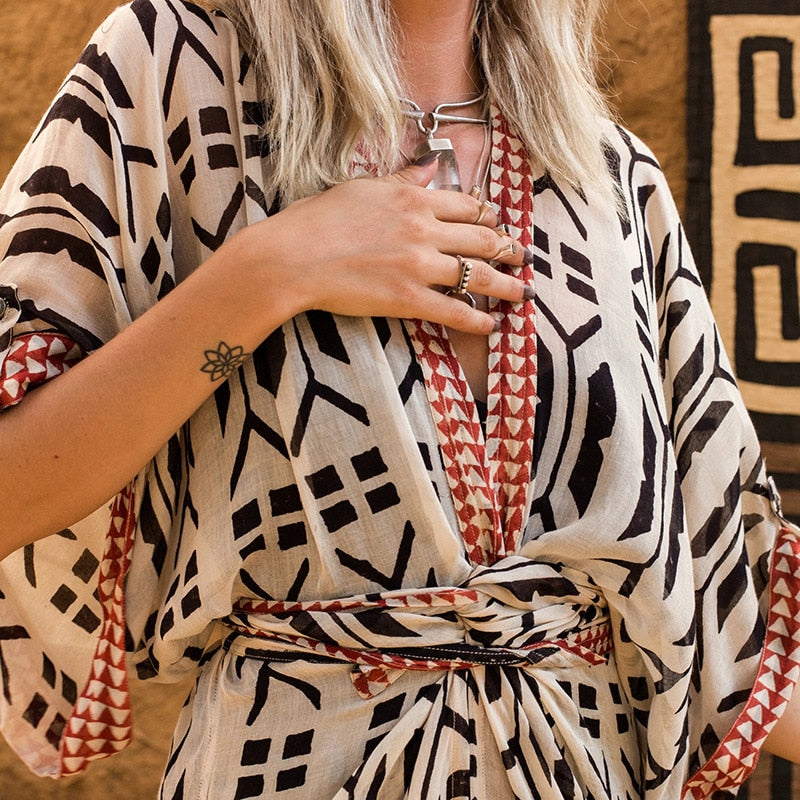 Beach Cover Ups for Swimwear Swimsuit Cape Geometric Printed Long Sleeve Self Belted Wrap Dresses Tunic Bathing Suit