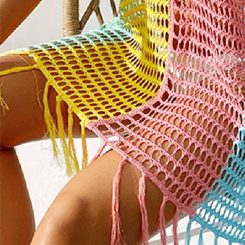 Beach Cover Ups for Women Swimwear Pareos - Cape Up Dresses Pink Red Boho Dress Fringe V Neck Bikini Trend Bohemian Tunic