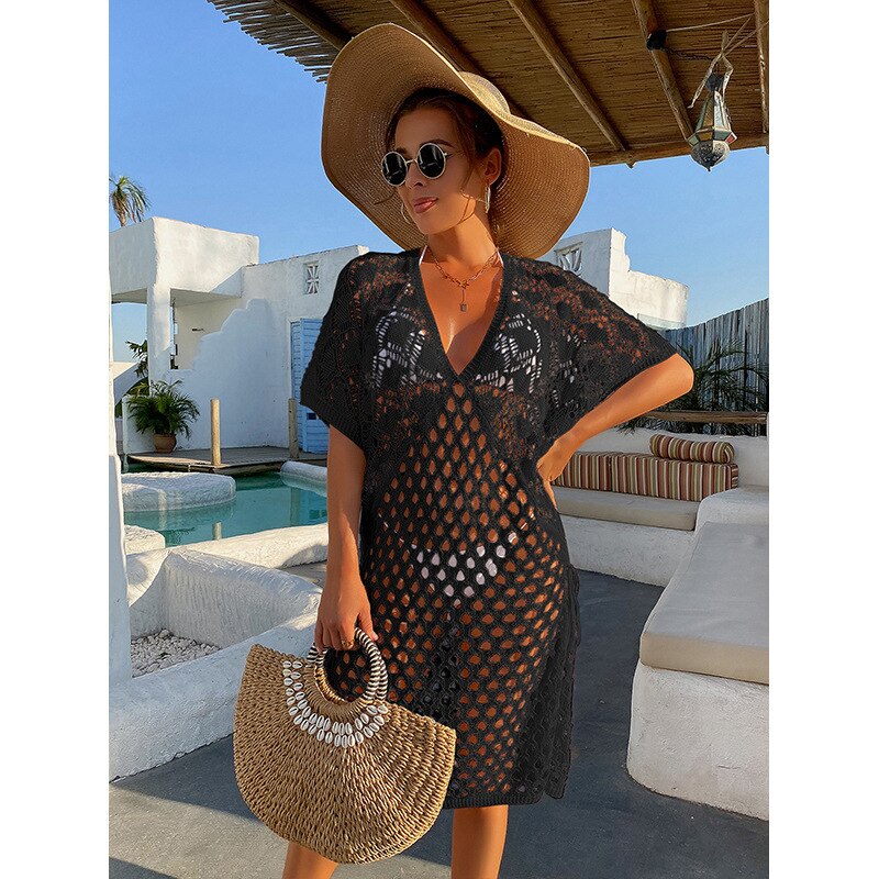 Beach Dress Trend Women Sexy Fishnet Swimming Cover Up - Orange Knit Swimwear Streetwear Luxo Feminino Hole Fork Party Tunic Black