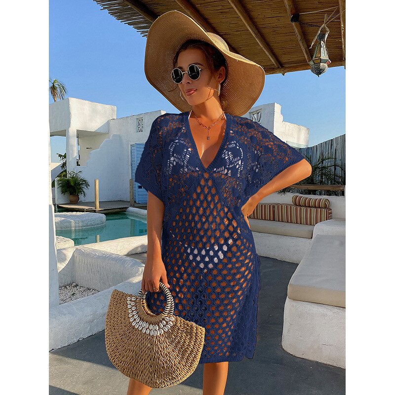 Beach Dress Trend Women Sexy Fishnet Swimming Cover Up - Orange Knit Swimwear Streetwear Luxo Feminino Hole Fork Party Tunic Blue