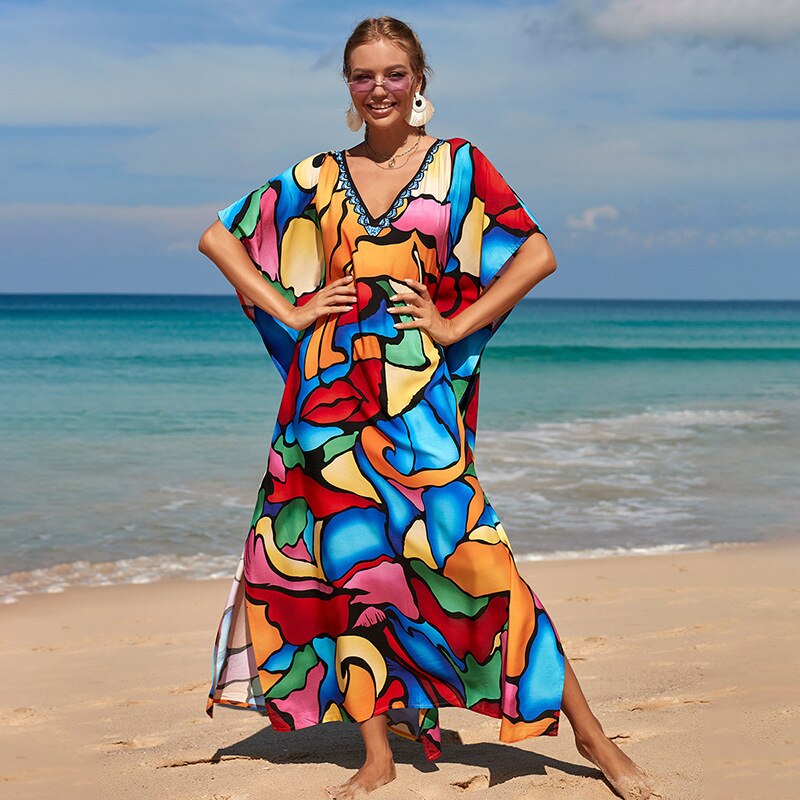 Beach Dresses Bird Bohemian Kaftans - New Loose Bikini Cover Ups Maxi Robe Elegant Bathing Suits Style-4 One Size