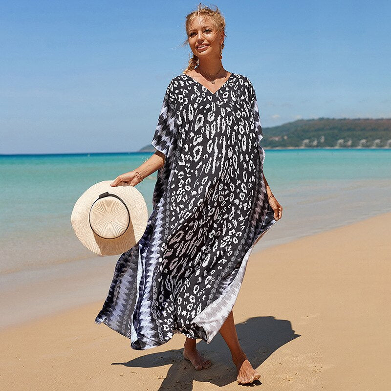 Beach Dresses Bird Bohemian Kaftans - New Loose Bikini Cover Ups Maxi Robe Elegant Bathing Suits Style-13 One Size