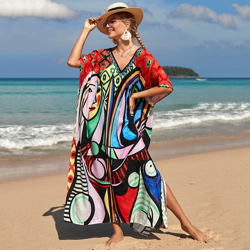 Beach Dresses Bird Bohemian Kaftans - New Loose Bikini Cover Ups Maxi Robe Elegant Bathing Suits Style-3 One Size