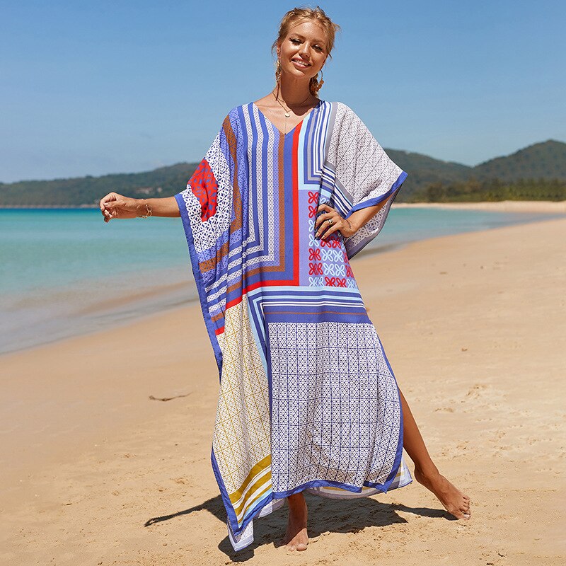 Beach Dresses Bird Bohemian Kaftans - New Loose Bikini Cover Ups Maxi Robe Elegant Bathing Suits Style-18 One Size