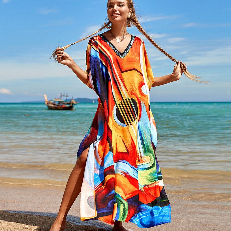 Beach Dresses Bird Bohemian Kaftans - New Loose Bikini Cover Ups Maxi Robe Elegant Bathing Suits Style-2 One Size