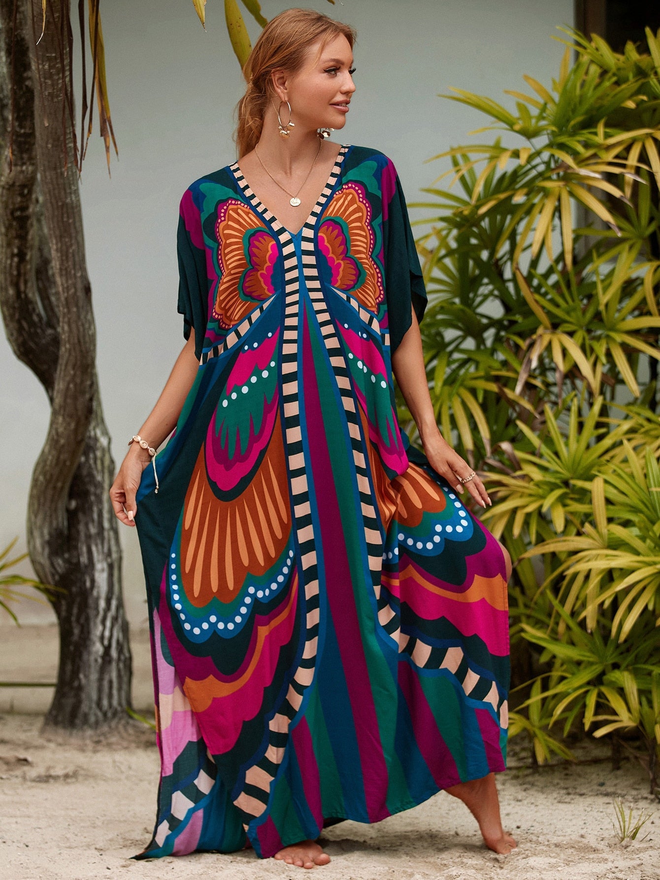 Beach Dresses Bird Bohemian Kaftans - New Loose Bikini Cover Ups Maxi Robe Elegant Bathing Suits Style-42 One Size