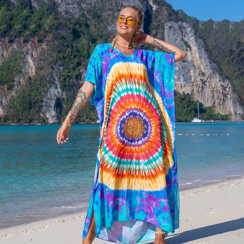 Beach Dresses Bird Bohemian Kaftans - New Loose Bikini Cover Ups Maxi Robe Elegant Bathing Suits Style-39 One Size