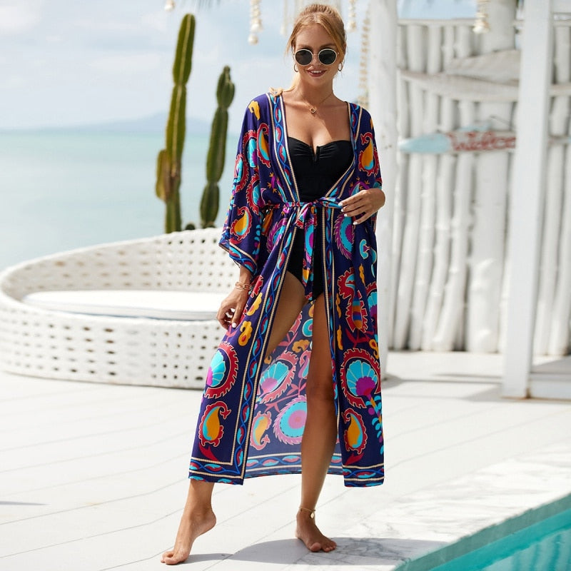 Beach Kimono Africa Printed Cover Ups for Swimwear Self Belted Tunic Pareo Summer Wrap Dresses