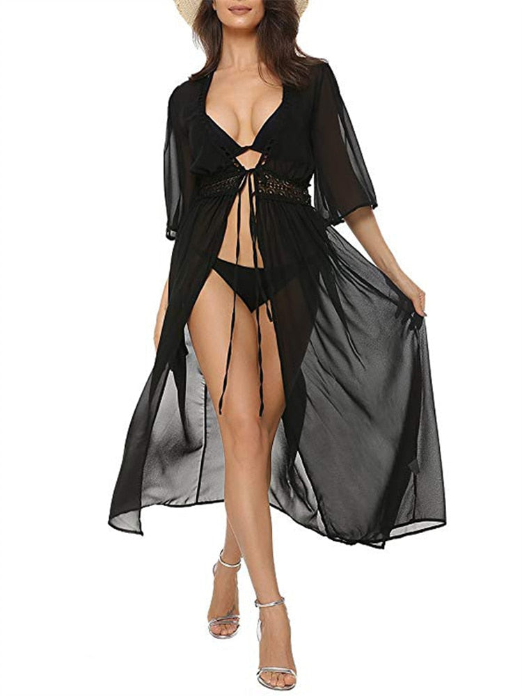 Beach Long Maxi Dress Women Bikini Cover Up Tunic Pareo White V Neck Dress Robe Swimwear Bathing Suit Beachwear Black