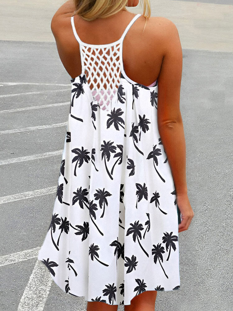 Beach Spaghetti Strap Mini Dress Loose Coconut Tree Print Criss-Cross Short Sundress Hollow Out