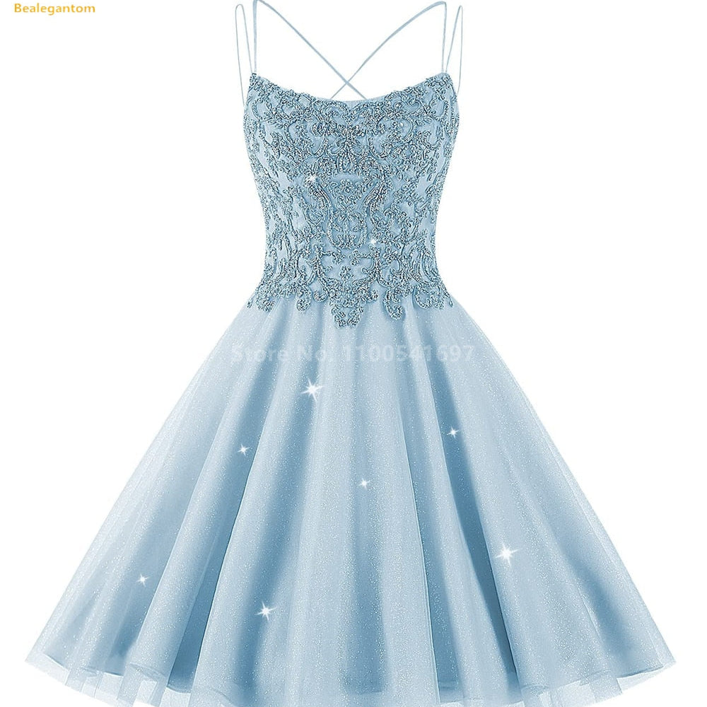 Bealegantom Lace Beaded Spaghetti Homecoming Dresses Sparkly Tulle Pageant Short Prom Party Cocktail Gown Vestidos De Graudation
