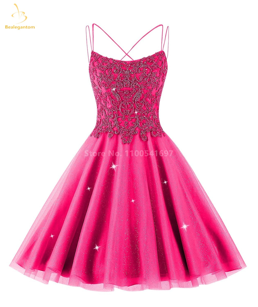 Bealegantom Lace Beaded Spaghetti Homecoming Dresses Sparkly Tulle Pageant Short Prom Party Cocktail Gown Vestidos De Graudation hot pink