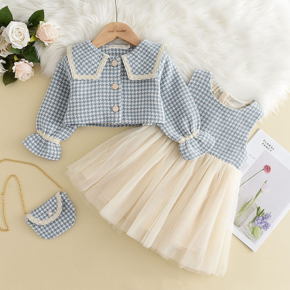 Bear Leader Fashion Kids Girls Princess 2pcs Clothes Set Autumn Winter Children Coat Outwear+Skirts Vintage Outfits Suit 2-12Y AX2394blue